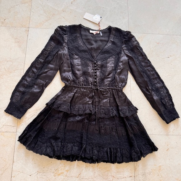 LoveShackFancy Kal Black Satin and Lace Ruffle Mini Dress size S - Picture 4 of 11
